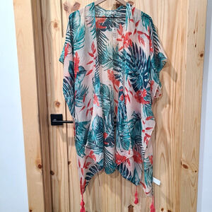 NWT Moss Rose Semi Sheer Kimono Cardigan Beach Cover Up Boho Tropical One Size